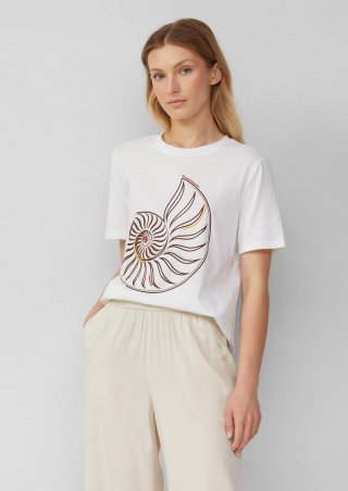 s.Oliver Jersey-T-Shirt mit Frontprint und Schmuckperlen - weiß