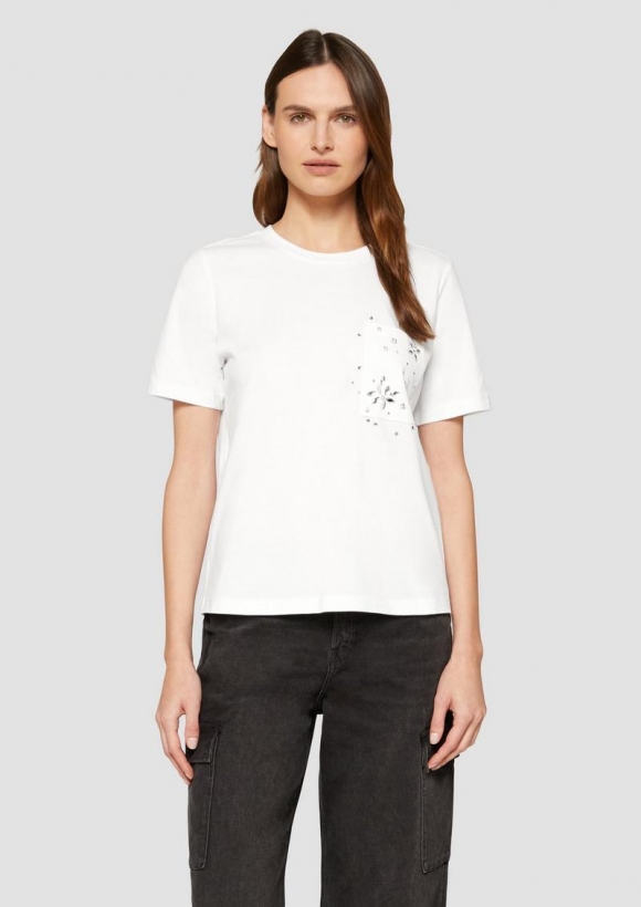 s.Oliver T-Shirt aus Baumwolle mit Schmucksteinen - weiß
