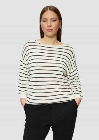 s.Oliver Geringelter Feinstrickpullover mit überschnittener Schulter - creme