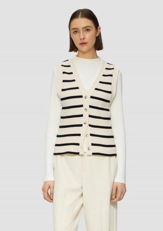 s.Oliver Geringelte Weste mit Rippstruktur und Knopfleiste - beige