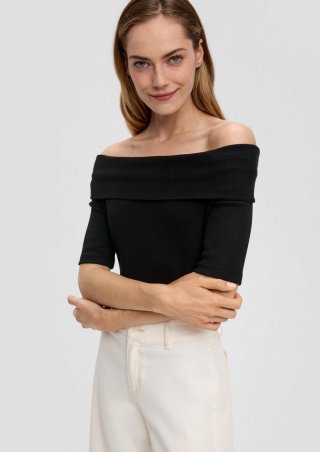 s.Oliver Stretchiges Rippshirt mit Carmen-Ausschnitt - schwarz