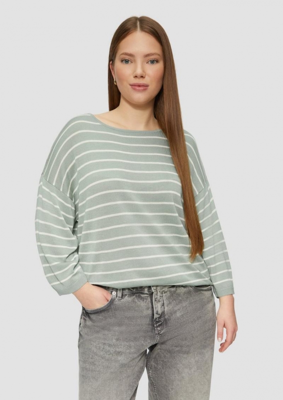 s.Oliver Geringelter Feinstrickpullover mit überschnittener Schulter - salbeigrün