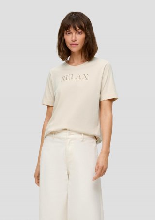 s.Oliver Relaxed Fit-Shirt mit Schriftprint aus Lochstickerei - beige