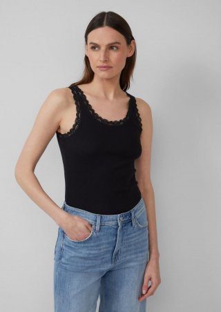 s.Oliver Geripptes Slim-Fit-Tanktop mit Spitze - schwarz