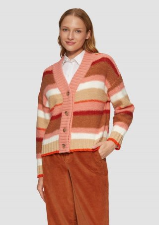 s.Oliver Gestreifte Strickjacke mit Knopfleiste - himbeere