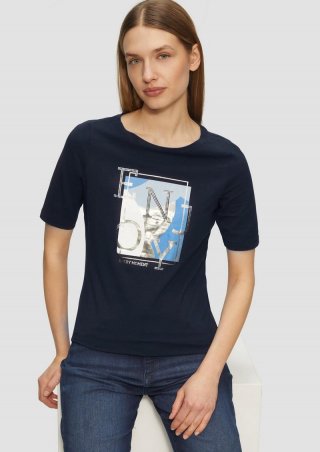 s.Oliver Elastisches T-Shirt mit Frontprint im Slim Fit - navy