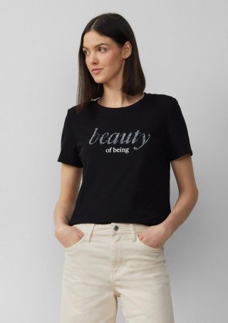 s.Oliver Jersey-T-Shirt mit Schriftprint und Pailletten - schwarz