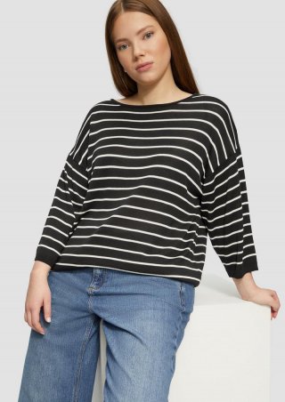 s.Oliver Geringelter Feinstrickpullover mit überschnittener Schulter - schwarz