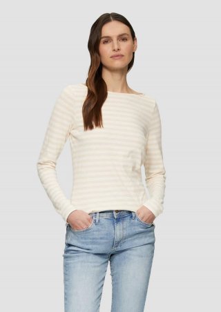s.Oliver Geringeltes Langarmshirt aus Flammgarn mit U-Boot-Ausschnitt - beige