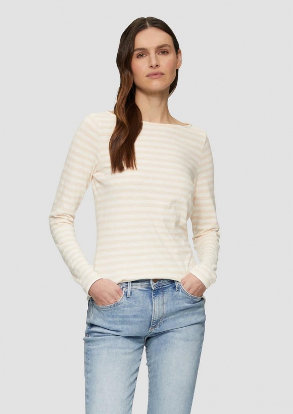 s.Oliver Geringeltes Langarmshirt aus Flammgarn mit U-Boot-Ausschnitt - beige