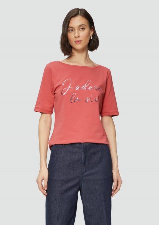 s.Oliver T-Shirt aus Baumwollmix mit Pailletten-Schriftzug - pink