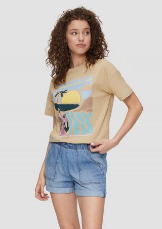 s.Oliver Baumwoll-T-Shirt im Loose Fit mit Artwork-Print - beige