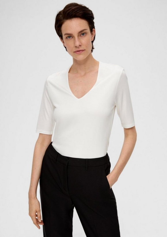 s.Oliver T-Shirt mit V-Ausschnitt - ecru