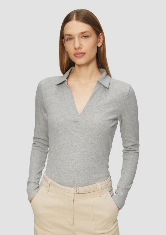 s.Oliver Geripptes Langarmshirt mit Polokragen - grau meliert
