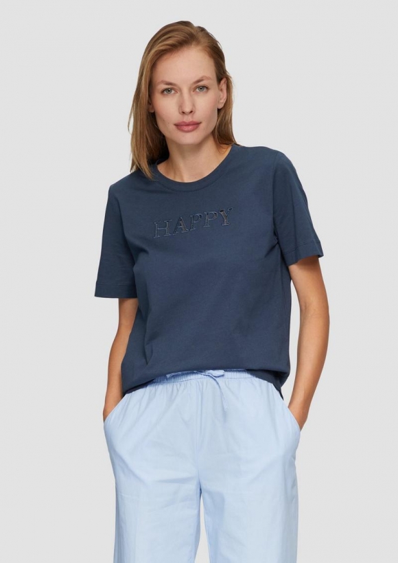 s.Oliver Relaxed Fit-Shirt mit Schriftprint aus Lochstickerei - tiefblau