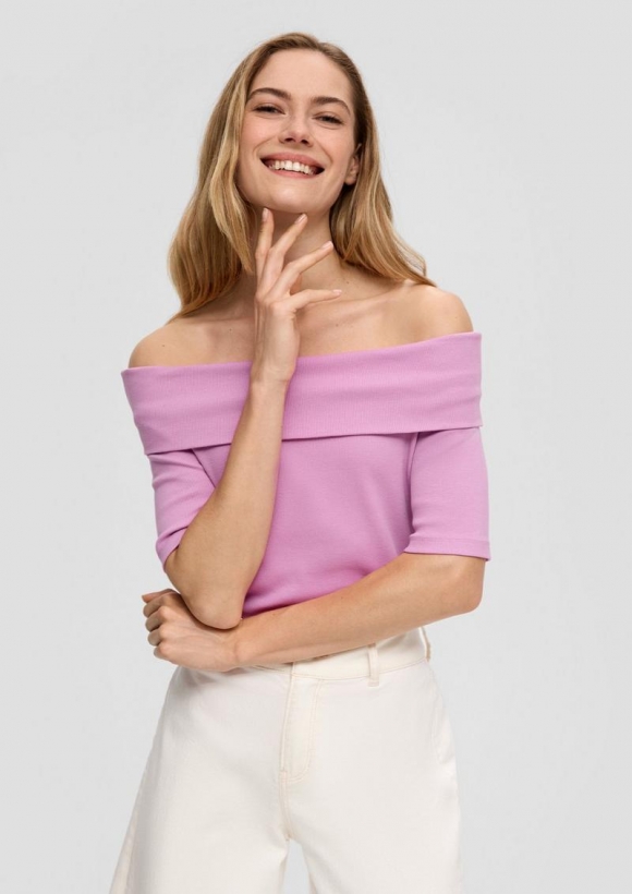 s.Oliver Stretchiges Rippshirt mit Carmen-Ausschnitt - rosa