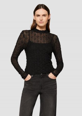 s.Oliver Transparentes Spitzen-Shirt mit Stehkragen - schwarz