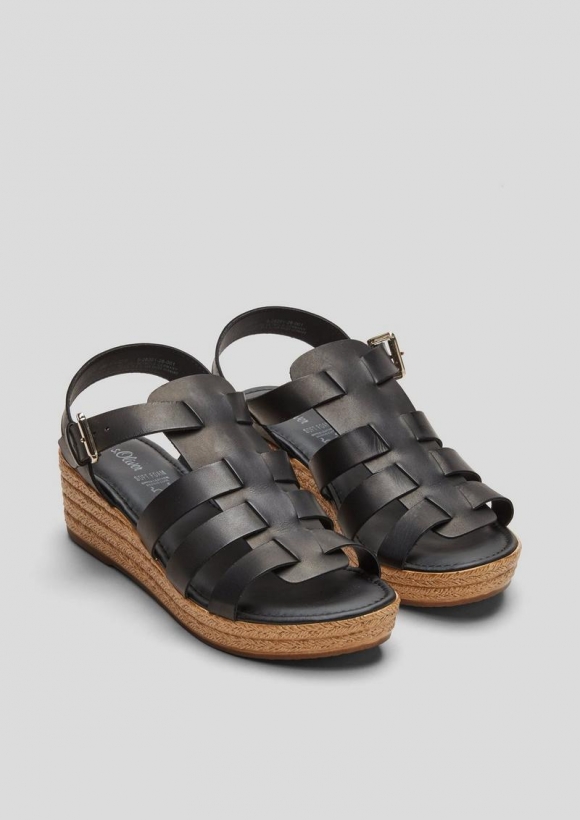 s.Oliver Leder-Sandalen mit Keilabsatz - schwarz