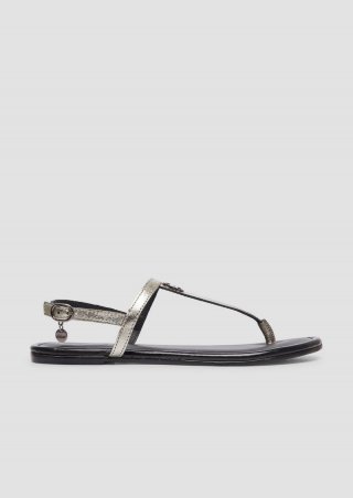 s.Oliver Leder-Sandalen mit Riemchen und Logo-Detail - gold
