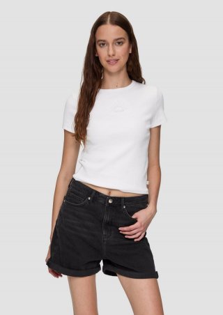 s.Oliver Geripptes T-Shirt im Slim Fit mit Stickerei - weiß