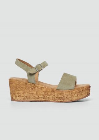 s.Oliver Modische Ledersandalen mit Keilabsatz - helles olivgrün