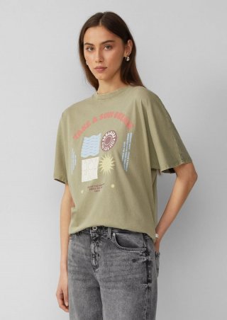 s.Oliver Gewaschenes T-Shirt mit Frontprint - olivgrün