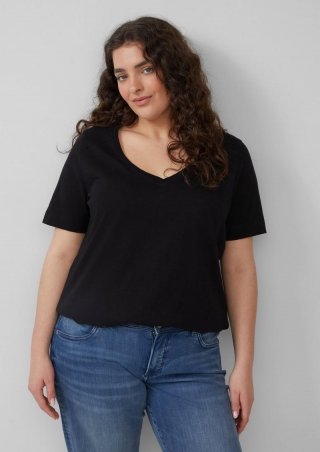 s.Oliver T-Shirt aus Flammgarn mit V-Ausschnitt - schwarz