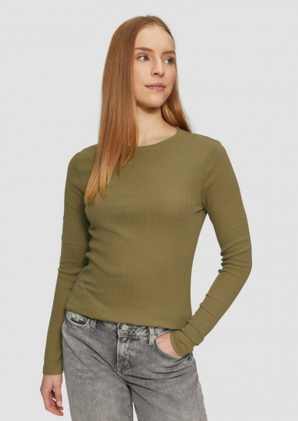 s.Oliver Slim Fit Langarmshirt mit Ajourmuster - olivgrün