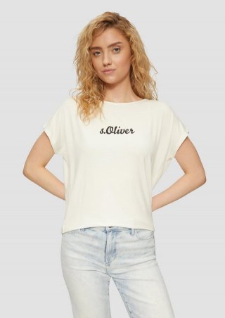 s.Oliver Fließendes Jersey-Shirt mit Artwork und überschnittenen Schultern - creme