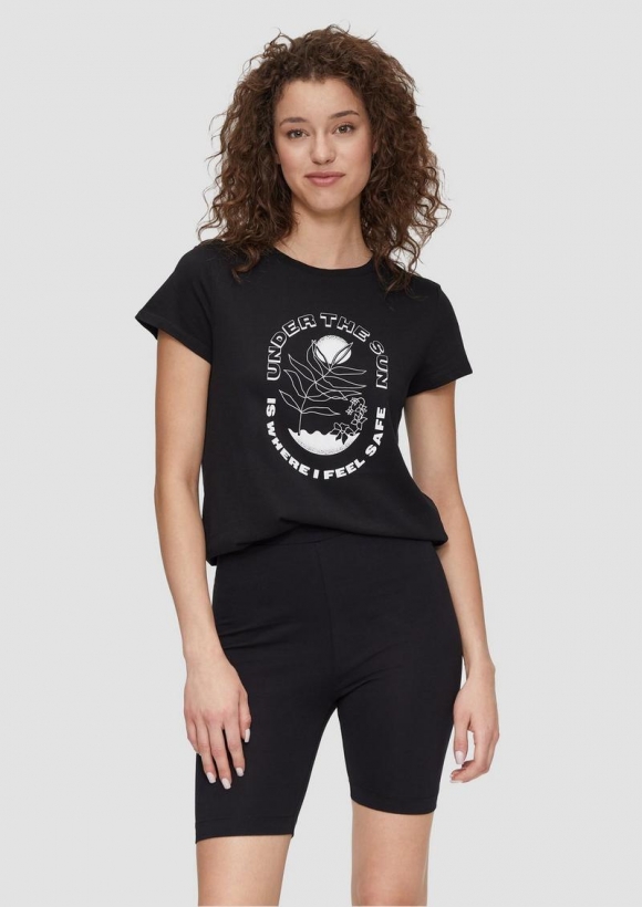 s.Oliver Baumwoll-T-Shirt mit Frontprint und Rippblende - schwarz
