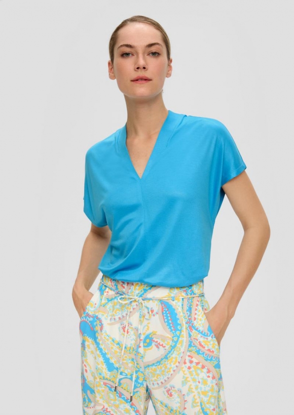 s.Oliver Viskose-Shirt mit V-Ausschnitt - azurblau