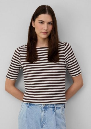 s.Oliver Gestreiftes T-Shirt im Slim Fit mit Flammgarnstruktur - mokka