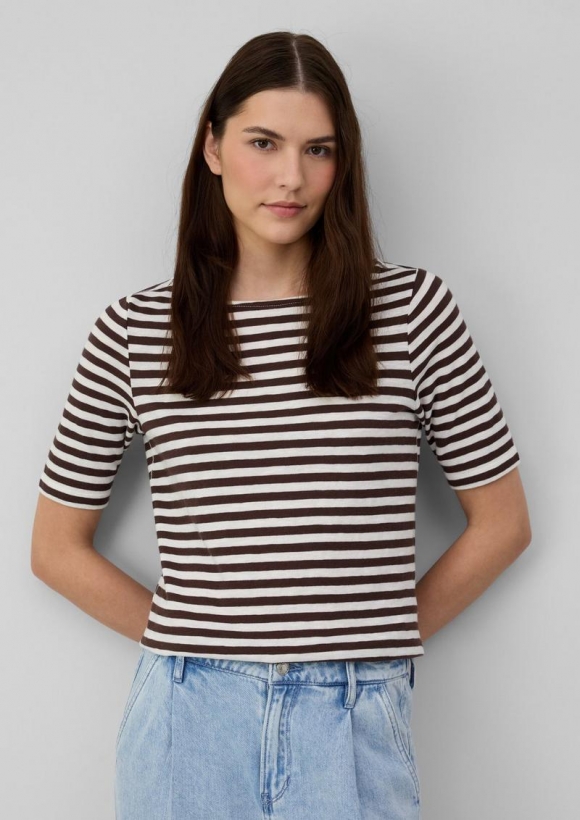 s.Oliver Gestreiftes T-Shirt im Slim Fit mit Flammgarnstruktur - mokka
