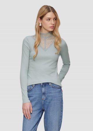 s.Oliver Schmales Rippshirt mit Spitzeneinsatz am Ausschnitt - salbeigrün