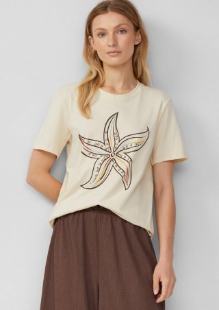 s.Oliver Jersey-T-Shirt mit Frontprint und Schmuckperlen - natur