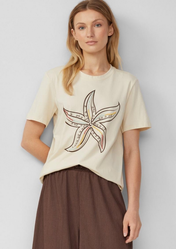 s.Oliver Jersey-T-Shirt mit Frontprint und Schmuckperlen - natur