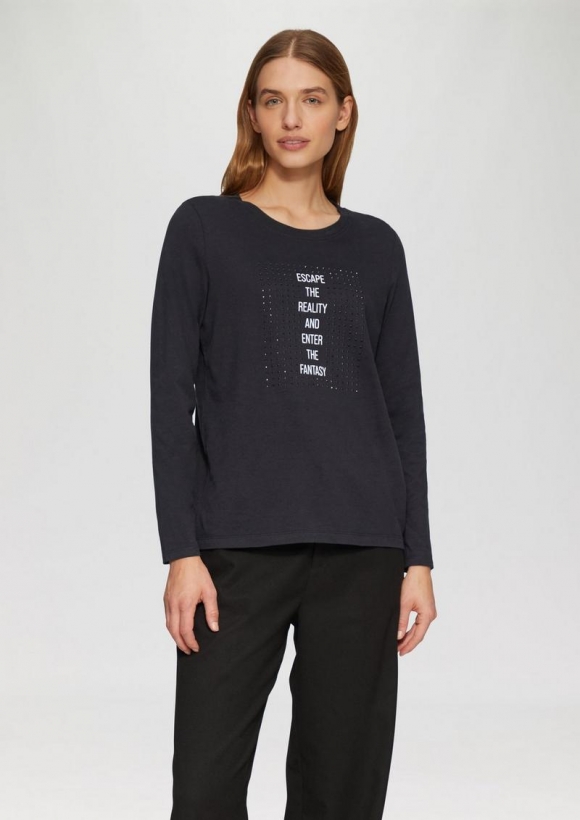 s.Oliver Weiches Jerseyshirt mit Frontprint und Schmucksteinen - schwarz