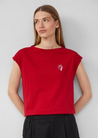 s.Oliver Relaxed-Fit-Shirt mit Print und überschnittenen Schultern - mohnrot