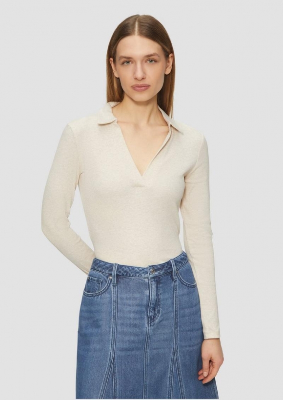 s.Oliver Geripptes Langarmshirt mit Polokragen - beige