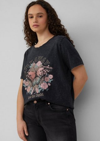 s.Oliver Baumwollshirt mit Frontprint in gewaschener Optik - schwarz