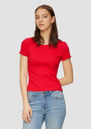 s.Oliver Geripptes T-Shirt im Slim Fit mit Rollsaum am Ärmel - chilirot