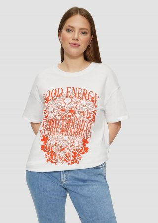 s.Oliver Baumwollshirt mit Frontprint und überschnittener Schulter - weiß