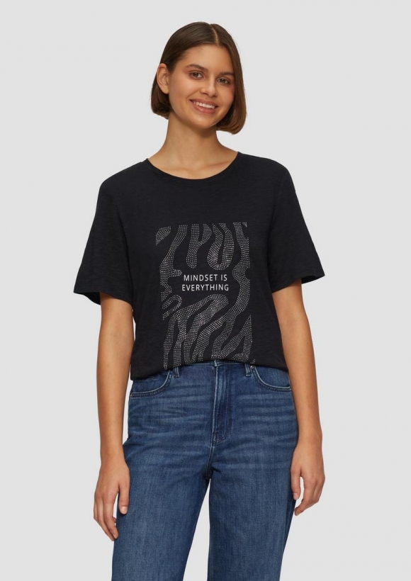 s.Oliver Flammgarnshirt mit Schmucksteinen - schwarz