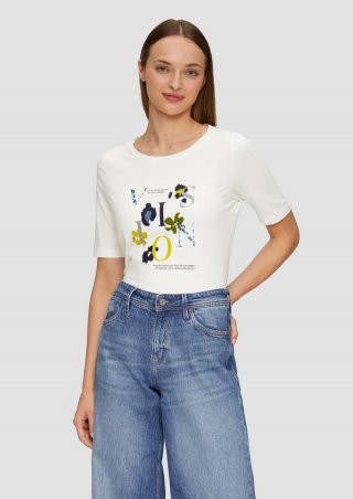 s.Oliver Elastisches T-Shirt mit Frontprint - ecru