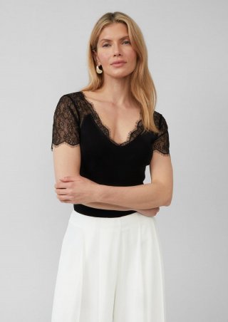 s.Oliver Elegantes T-Shirt im Slim Fit mit Spitze - schwarz