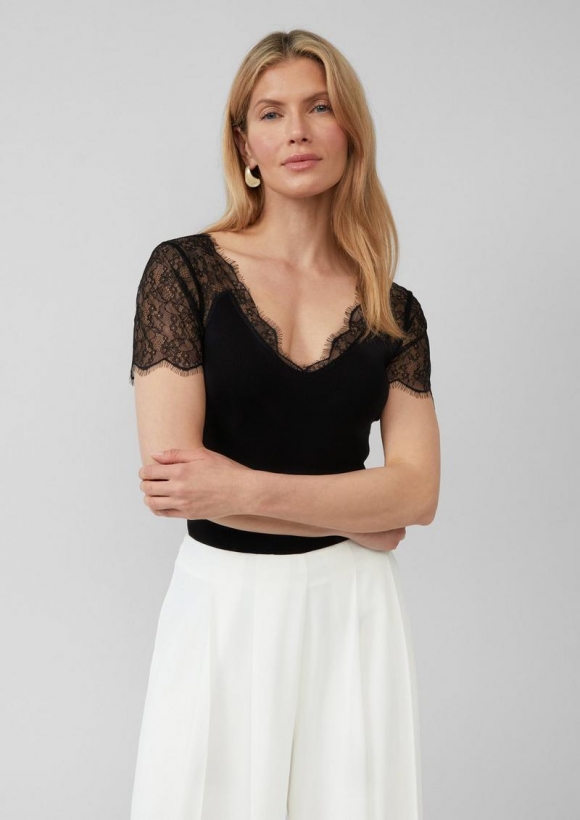 s.Oliver Elegantes T-Shirt im Slim Fit mit Spitze - schwarz