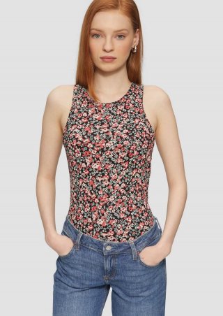 s.Oliver Geripptes Tanktop mit All-over-Print - schwarz