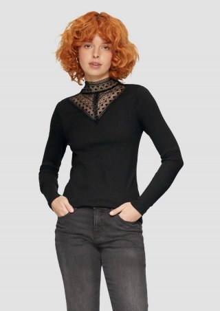 s.Oliver Rippshirt mit Spitzeneinsatz und Stehkragen aus Spitze - schwarz