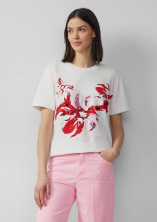 s.Oliver Leichtes Kurzarm-Sweatshirt mit Print und Pailletten - ecru