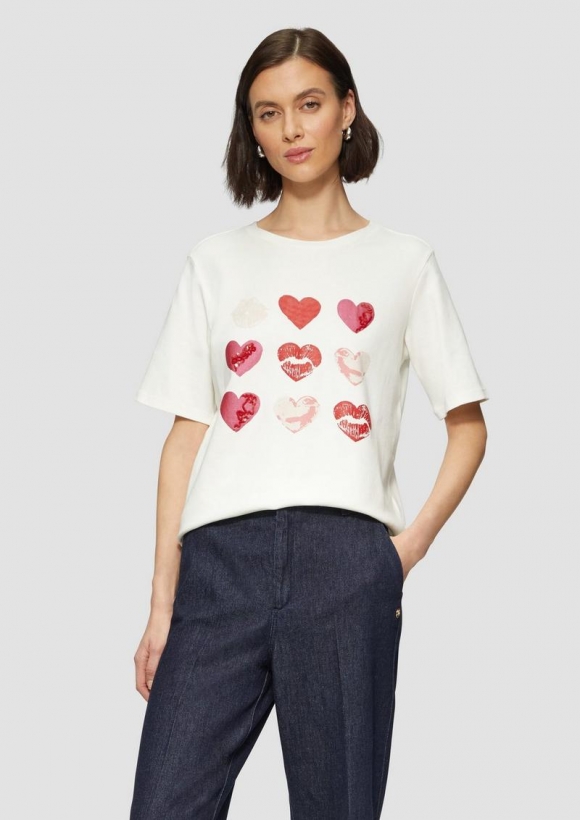 s.Oliver Baumwollshirt im Loose Fit mit Artwork - ecru